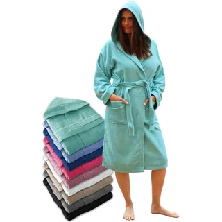 LEBENGOOD Damen-Bademantel mit Kapuze, 100% amerikanische Frottee, 400 g, Taschen, weicher Bademantel, Duschtuch - M