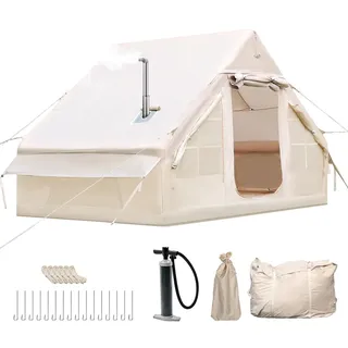 Aufblasbares Campingzelt mit Kaminöffnung & Dachfenster, Aufblasbare Zelt für 2-10per mit Luftpumpe, Zelt Aufblasbar aus Wasserdichtem Oxford-Stoff für Jahreszeiten, Schneller Aufbau Luftzelte