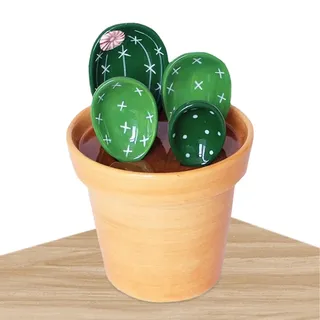 Keramik Cactus Messlöffel Set im Topforganizer, 4 Stück Cup Messbecher Set mit Meßlineal, Cup Messbecher Klein Löffel Set mit Skala,Süße Cactus Measuring Cups, Keramik Messlöffel mit Messbecher