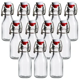 gouveo 12er Set Glasflaschen 100 ml rund mit Bügelverschluss - Kleine Bügelflasche zum Befüllen - Bügelverschlussflasche für Likör, Schnaps, Saft, Öl (BFR100)