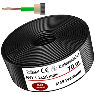 MAS Premium 5-100m Erdkabel Starkstromkabel NYY-J 1x4, 6, 10, 16 oder 25 Elektrokabel OFC Ring zur Verlegung im Freien, Erdreich (NYY-J 1x16 mm2, 70m)