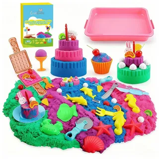 Coradoma Kreativset Sensorik Spielzeug Kinetischer Sand & Ice Magic Spielsand Knetsand, 1800g, Sandkasten mit Deckel, 4 Farben und viel Zubehör gelb
