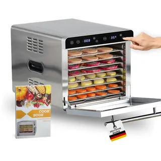 sommertal Dörrautomat Silence 700 XXL inkl. 8 Edelstahl Dörrgitter, LED-Display, 24h Timer, Temperatureinstellung von (35°C–85°C) einstellbar, inkl. Kochbuch, Profi Dörrgerät, 700W Dehydrator
