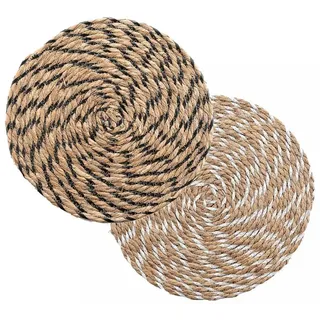 Macosa Home Platzset Platzsets für Esstisch rund Stroh 2er Set Braun Schwarz Weiß Boho, (Set, 2-St), Tischset rund, Platzmatten, Platzdeckchen, Untersetzer, Boho Tischdeko braun