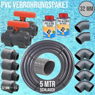 32 mm PVC Klebe Fittings Verrohrungspaket Pool Schwimmbad Schlauch FLEX (1 1/4)..."
