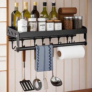 acfeco Gewürzregal Wand, Ohne Bohren Küchenregal, Gewürzregal Hängend Mit Küchenrollenhalter und 8 Haken, Gewürzständer aus Edelstahl, Wandregal Hängend für Küche Esstisch Büro (60cm und 10 Haken)