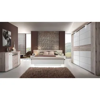 Schlafzimmer 3 Rondino Komplett Set in Sandeiche und weiß Hochglanz inkl. LED