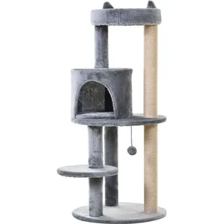 PawHut Katzenbaum 4-Stock Katzenhöhle Katzenhaus mit Spielbällen Sitzstange Sisalsäule und Kratzbrett groß stabil luxuriös Sisal Plüsch grau 48 x 48 x 104 cm