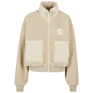 Karl Kani Bomberjacke KARL KANI "Karl Kani OG Crop Teddy Bomber Jacket", Damen, Gr. L, sand, 100% Polyester, mehrfarbig, oversize, hoch geschlossener Ausschnitt, Jacken Bomberjacke