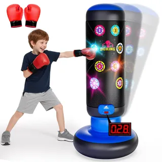 Boxsack Kinder, Boxsack Stehend mit Musik & Licht, Interaktiv Punching Bag, Aufblasbarer Standboxsack mit Boxhandschuh Geschenke für 6 7 8 9 10 11 12 Jahren Kinder Jungen (Blau)
