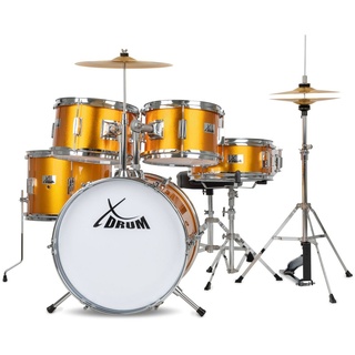 XDrum Kinderschlagzeug Junior Pro,Komplettes Drumset, Inkl. Drumsticks, Fußmaschine & Schlagzeughocker, Kesselgrößen: Bass Drum 16", Snare Drum 12", Zwei Tomtoms 10" & 11" goldfarben