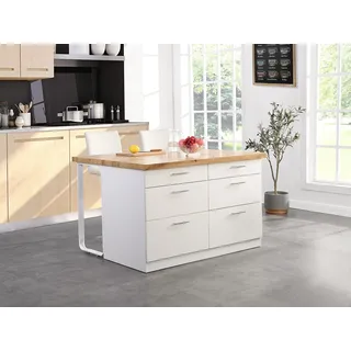 vente-unique Vente-unique-Kücheninsel mit 6 Schubladen aus MDF & Metall - Weiß & Holzfarben hell - ALEGRITA