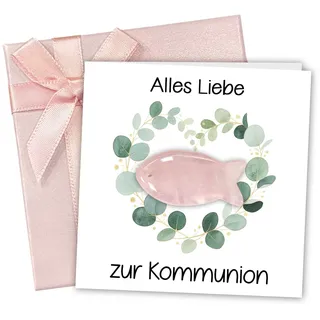 Kommunion Geschenke für Mädchen – Kleine Erstkommunion Geschenke & Kommunionsgeschenk Mädchen mit Fisch Edelstein Glücksbringer aus Rosenquarz, Karte & Rosa Geschenkbox