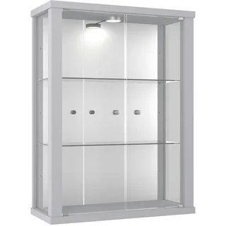 VR-Wohnideen K-Möbel Hängevitrine in Alu / Silber (80x60x25 cm) mit 2 höhenverstellbaren Glasböden, Spiegel & LED - Modellauto Vitrine Silber - Vitrinenschrank