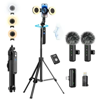 yAyusi Vlogging-Kit, YouTube-Starter-Kit, 180cm 360° Drehung Auto Face Tracking Handy Stativ für iPhone mit Licht, Kabellosem Mikrofon/Fernbedienung,Basic-Starter-Kit für Content-Ersteller für YouTube