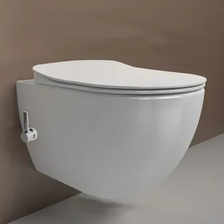 Creavit FREE Dusch WC Komplettanlage spülrandlos–Wandhängend Hänge WC/Taharet/Bidet mit Warm-/Kaltwasser oder ohne Bidet,Softclose Sitz, antibakterielle Keramik (mit Bidet+Armatur Kaltwasser)