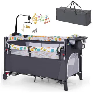 KOMFOTTEU Reisebett mit Matratze Spielzeugständer und Spieluhr, 0-3 Jahre bis 15 kg grau