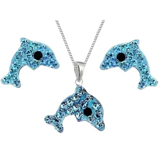 Goldene Hufeisen Schmuckset Kristall Delfin Set Anhänger 38cm Kette Ohrstecker 925 Silber (4-tlg, inkl. Etui), Mädchen Kinder Geschenkset silberfarben