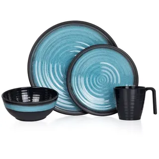Moritz Geschirr-Set Camping Geschirr Stone Blue, Melamin, 4 tlg, Geschirrset Campinggeschirr Picknick Geschirr Bootsgeschirr blau|weiß