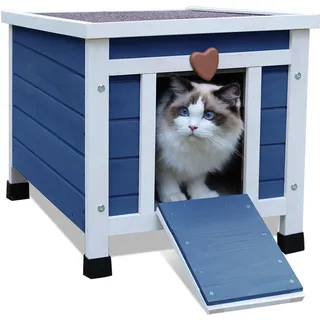 HiCaptain Katzenhaus Outdoor Katzenhaus für Draussen - Katzenhaus aus Holz Outdoor - Perfekt für Welpen, Kaninchen Haus - Einfach Aufzustellen - 52cm x 42cm x 43cm,Blau