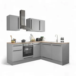 Denver Moderne Eckküche mit Elektrogeräten in Grau, Lancelot Eiche Optik - Geräumige Küchenzeile in L-Form mit viel Stauraum - 220 x 211 x 60 cm (B/H/T)