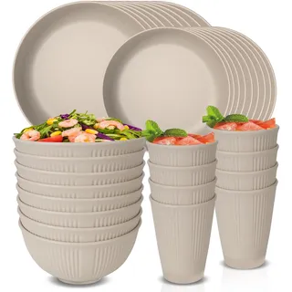 Unzerbrechliches Geschirr Set für 8 Personen, Kunststoff Teller und Schüsseln Set, Wiederverwendbares Geschirr-Set, Camping, Picknick, Zuhause, Party, Besteck Set, 16 Teller, 8 Schüsseln, 8 Tassen