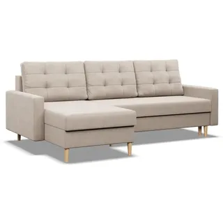 mebligo Ecksofa mit Schlaffunktion, Sofa BLANK mit Bettkasten, Wendekissen, Beige, Links, Schlaffläche 140x200cm - Beige