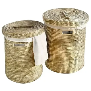 Dekoleidenschaft großer Wäschekorb aus Seegras, Ø 47 x 55 cm, mit Deckel und herausnehmbarer Textileinlage in Ceme, Natur-Design, Wäschesammler, Wäschetonne, Schmutzwäsche-Behälter