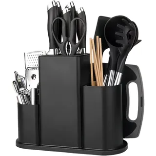 4 in 1 Quadrat Messerblock Ohne Messer, Unbestückte Messerblöcke mit Besteckständer & Abflusslöcher, Messerhalter Messerständer Universal Messerhalterung Knife Block für Alle Küchenmesser (Schwarz)