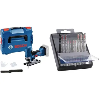 Bosch Professional 18V System Akku Stichsäge GST 18V-125 S + 10x PRO Hardwood and Laminate Stichsägeblatt-Set (für Hartholz, Parkett, Länge 83 mm, Zubehör)