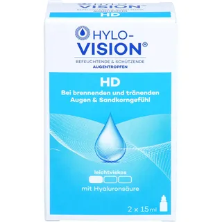 Hylo-Vision HD Augentropfen – Linderung bei trockenen, brennenden, tränenden Augen und Sandkorngefühl, Befeuchtung & Schutz, leichtviskos, geeignet bei Kontaktlinsen, 2 x 15 ml