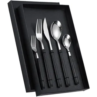 Geschirr-Besteck-Set, Edelstahl-Besteck-Set, Hochglanzpoliertes Besteck-Set, Ergonomisches Design, Tafelmesser, Gabeln, Löffel-Set, Multifunktions-Essgeschirr für Familientreffen,(Schwarzer Griff)
