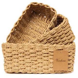 Verdenu 3er Set aus Aufbewahrungskorb, korb aufbewahrung aus recyclebarem Papierseil, korb geflochten Geflochten für Schubladen, Tischplatten, Kommoden, Küchen, Wohnzimmer (Braun)