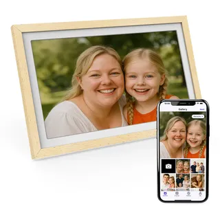 Xoro CPF 15 Digitaler Bilderrahmen in Buchenholz, 1920x1080 HD IPS Touchscreen, 32GB, Auto-Rotation & Sofort-Foto-/Video-Sharing