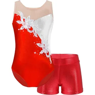 XIUsheUA Turnanzug Mädchen Kurzarm Ballettanzug for Mädchen, Tanz-Set, Sport-Gymnastik-Outfit, Netzstoff, Patchwork, Glitzer-Pailletten, Trikot mit Shorts for Bühnenauftritte(Red,12Y)