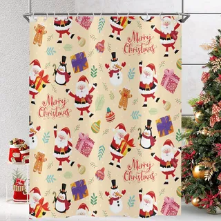 Hnmdmyi Duschvorhang Weihnachten 180x200, Cartoon Santa Claus Schneemann Pinguin Duschvorhänge Frohe Weihnachten Winter Urlaub Badewanne Vorhang Wasserdicht Polyester Stoff Waschbar Badevorhang