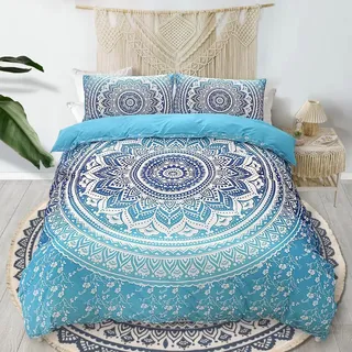 Bettwäsche 155x220 Blau Weiß Blumen Boho Mandala und Kissenbezug 80x80 | Bettwäsche Set, Vintage Blumenwiese Blumenmuster, Botanisch, Bohemian Floral Pflanzenmuster, Microfaser, Reißverschluss