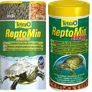 Tetra ReptoMin Menu Schildkröten-Futter: 3in1 Mit Pellets, Krill und Shrimps für Wasserschildkröten, 250 ml Dose & ReptoMin Energy, 250 ml Dose
