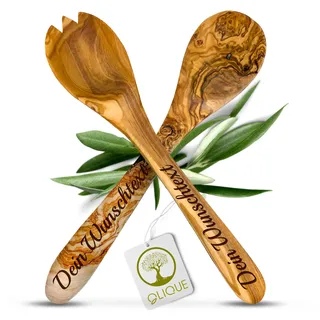 OLIQUE Salatbesteck personalisiert, Olivenholz - Handgemachtes Salat Besteck Set mit Gravur als individuelles Geschenk (36 cm)