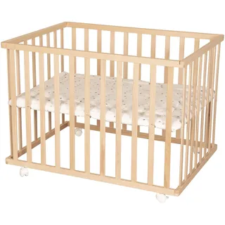 roba Laufgitter 75 x 100 cm mit Laufgittereinlage 'Sternenzauber grau' - Spielgitter inkl. Schutzeinlage und Rollen - Höhenverstellbar & Mobil - Holz natur