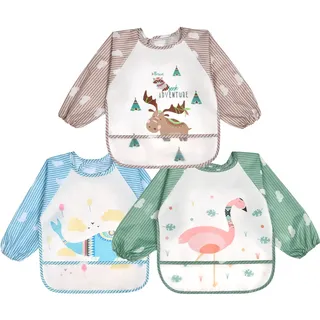 Vicloon Baby Lätzchen mit Lange Ärmeln,3PCS Ärmellätzchen Wasserdicht,Süßer Tierstil Baby Bibs Set für Essen Kunst Handwerk Malerei Bemalen Spielen für 6-24 Monaten