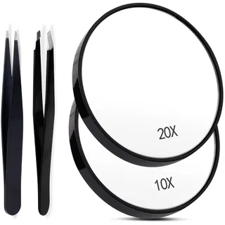NQEUEPN Vergrößerungsspiegel 10-Fach 20fach, 8,8cm Mini Vergrößerungsspiegel mit Pinzetten Set, Tragbar Vergrößerungsspiegel Reise mit Saugnapf Design für Damen Herren (Schwarz)