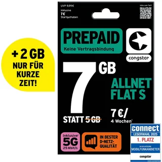 congstar Prepaid ALLNET S SIM-Karte ohne Vertrag I 7 GB Prepaid-Paket in D-Netz Qualität für Einsteiger I 5G mit 25 Mbit/s I Telefonie & SMS Flat in alle dt. Netze I EU-Roaming inkl.