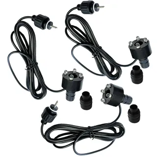 3er Set LED Quellsteinbeleuchtung Kalt-Weiß 12V AC | Ersatzbeleuchtung für Springbrunnen & Wasserspiele | Ohne Netzteil | 2m Kabel | Doppelpin Standardstecker | inkl. 1/2" & 3/4" Schlauchanschlüsse