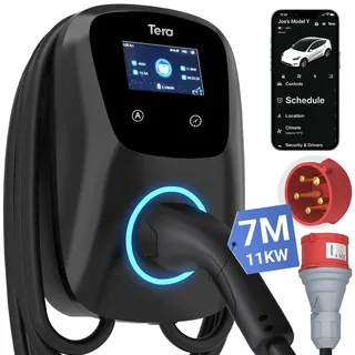 Tera Smart EV Ladegerät Typ 2 Wallbox mit APP 11kW 16A 400V CE&TÜV mit Wlan & Bluetooth 7m Ladekabel mit Ladegerätehalter Heim Wallbox CEE 3-Phasen Stecker für EVs & PHEV W01 Schwarz