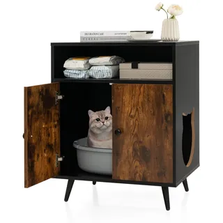 Costway Katzenschrank Katzentoilette, Katzenhaus mit Doppeltüren & Eingang, Katzenhöhle Katzenklo Schrank, Katzenmöbel Beistelltisch, für Katzen Hunde Haustier, Braun+Schwarz