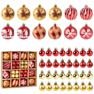 Ayuanb Weihnachtskugeln Rot und Gold, 44 Stück Weihnachtsdeko Kugeln, 3 cm und 6 cm Plastik Christbaumkugeln Set, Christbaumschmuck Kunststoff mit Aufhänger, Weihnachtsbaum Deko für Party