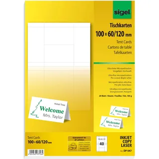 Sigel DP047 bedruckbare Tischkarten weiß, 10 x 6 cm (auf A4), 40 Stück