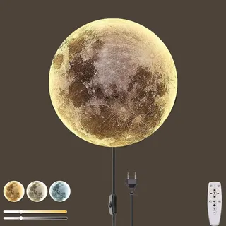 LOGT LED Mond Wandleuchte Kinderzimmer Fernbedienung Dimmbar Innen Wandlampe Schalter und Kabel Stecker Mondlampe Wand Runde Art Deco Moon Wandleuchten Mondsiche Deckenleuchten Acryl Metall,30CM