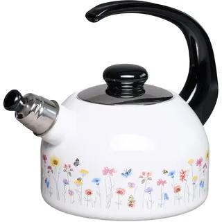 Riess, 0543-070, Flötenkessel Plus 2L, FLORA, Gewicht 1,21kg, dreifach emailliert, Wasserkessel mit Flötenpfeife, Induktion, Retro, hergestellt in Österreich, LBH 26,2x18,4x21,9cm